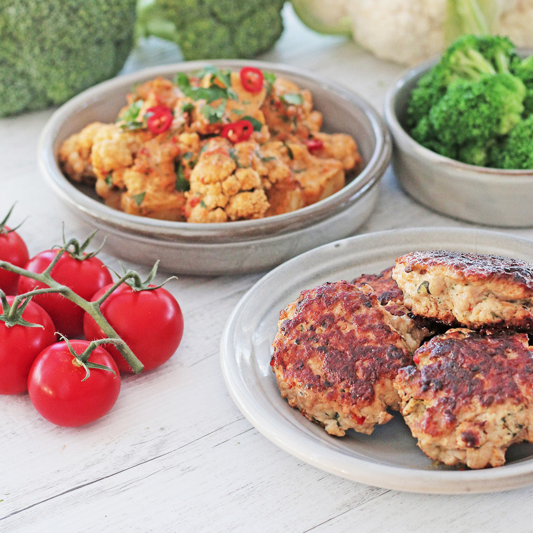 Homestyle Chicken Rissoles with Red Pesto Veg