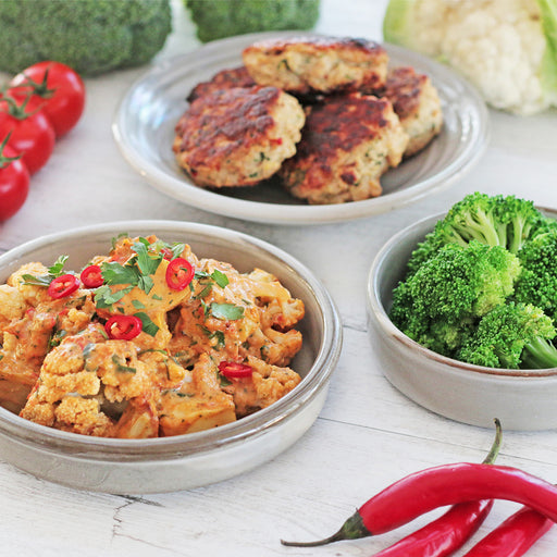 Homestyle Chicken Rissoles with Red Pesto Veg