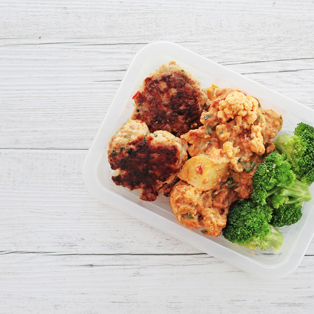 Homestyle Chicken Rissoles with Red Pesto Veg