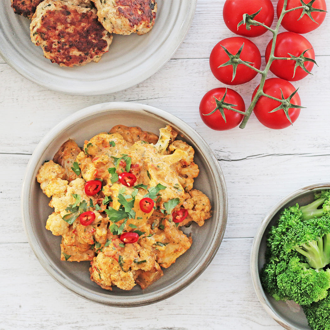 Homestyle Chicken Rissoles with Red Pesto Veg